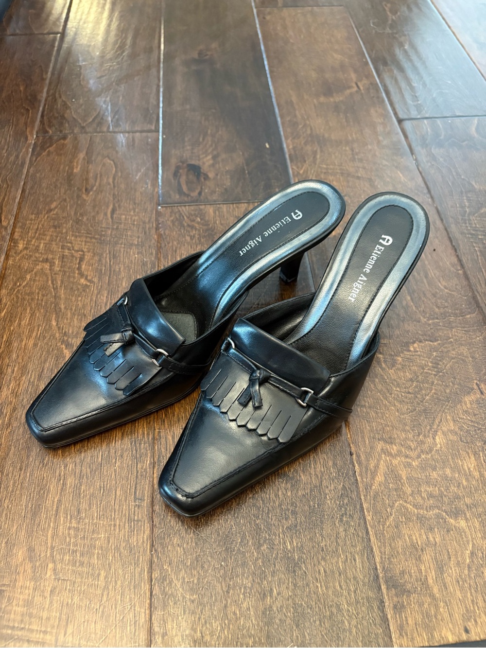 Etienne Aigner Black Leather Fringe Tassel Mules